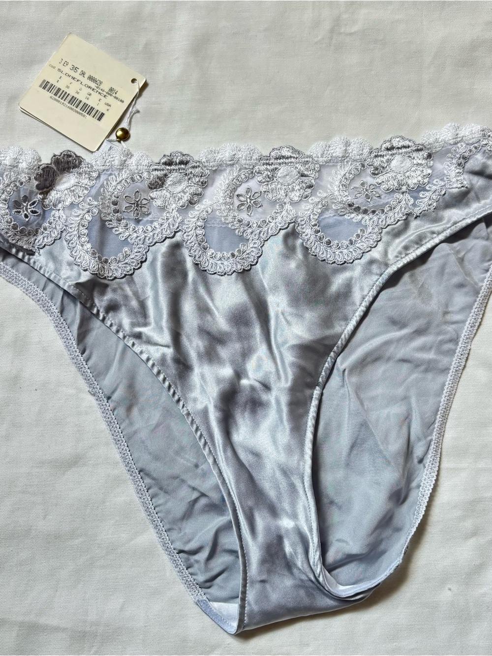 Vintage La Perla Silver Silk Panty with White Lace Trim